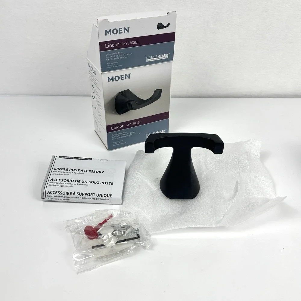 Moen Lindor MY8703BL Double Robe Hook Matte Black Press & Mark New Open Box